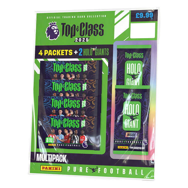 Premier League Top Class 2025 Trading Cards multipack with 4 packets and 2 Holo Giants, priced at £9.99.