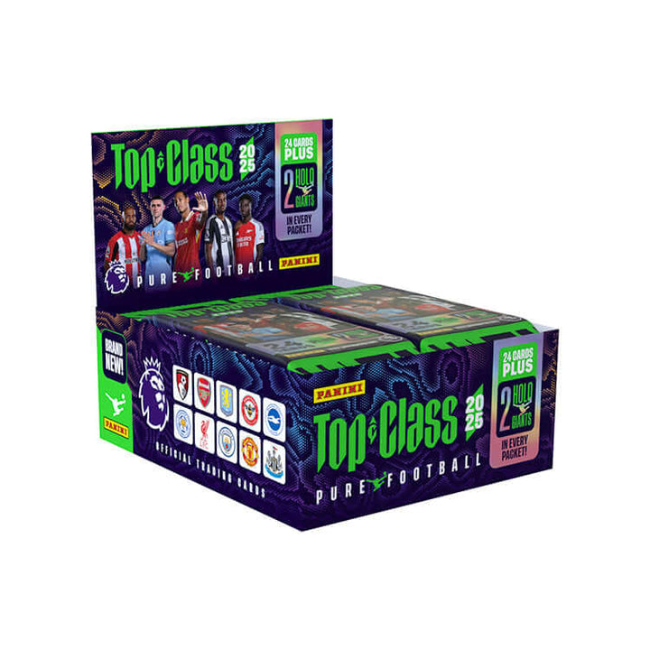 Premier League Top Class 2025 Trading Cards box set featuring 270 cards with numerous player designs and statistics.