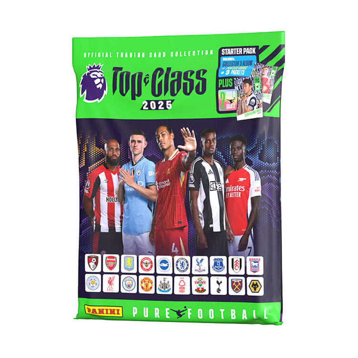 Premier League Top Class 2025 Trading Cards starter pack featuring star players and team logos.