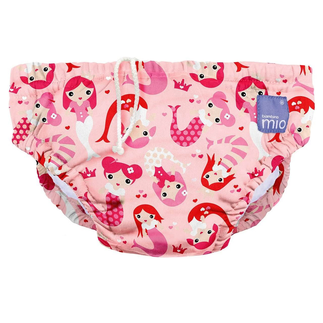 Reusable Swim Nappy for Babies in pink with mermaid pattern, soft and leakproof swimwear for trendy aquatic fun.