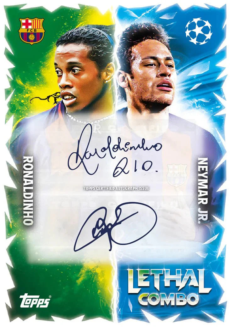 Match Attax 2025-26 Starter Pack featuring Ronaldinho and Neymar Jr Lethal Combo card.
