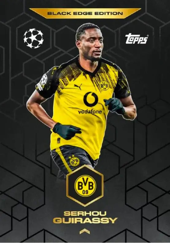 Match Attax 2025-26 Starter Pack featuring Serhou Guirassy Black Edge Edition card with Borussia Dortmund design.