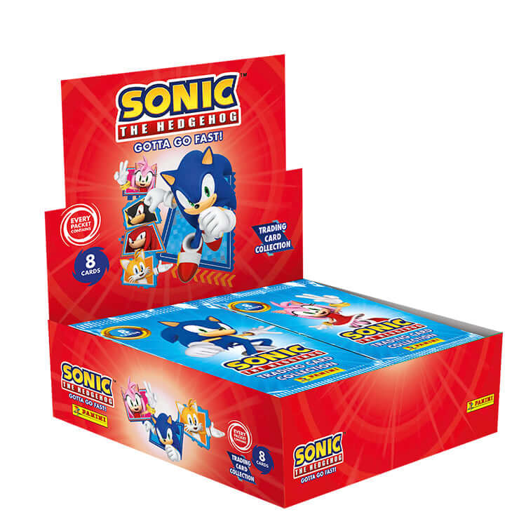 Sonic Gotta Go Fast trading card box featuring iconic blue hero with red shoes and friends against a vibrant red background.