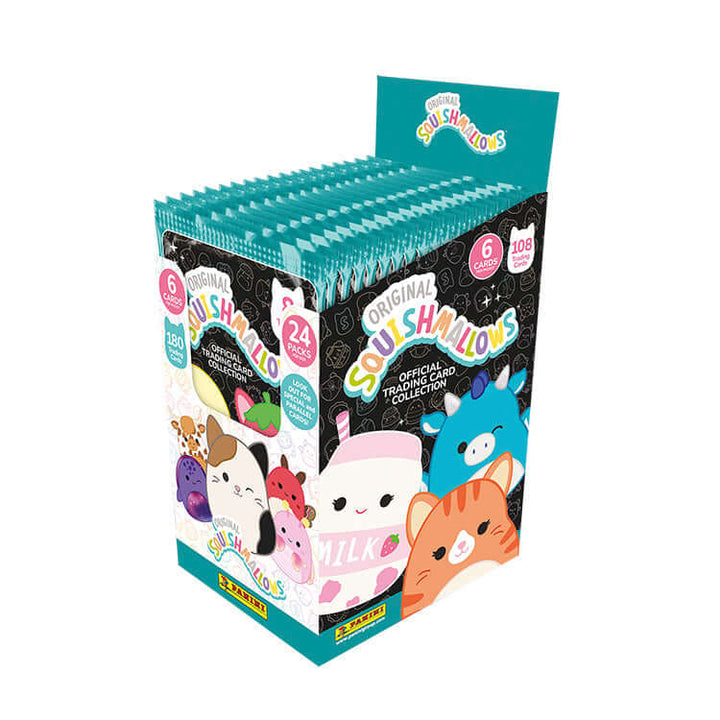Squishmallows Trading Card Collection box featuring 24 packs and 180 unique trading cards for fans to enjoy.
