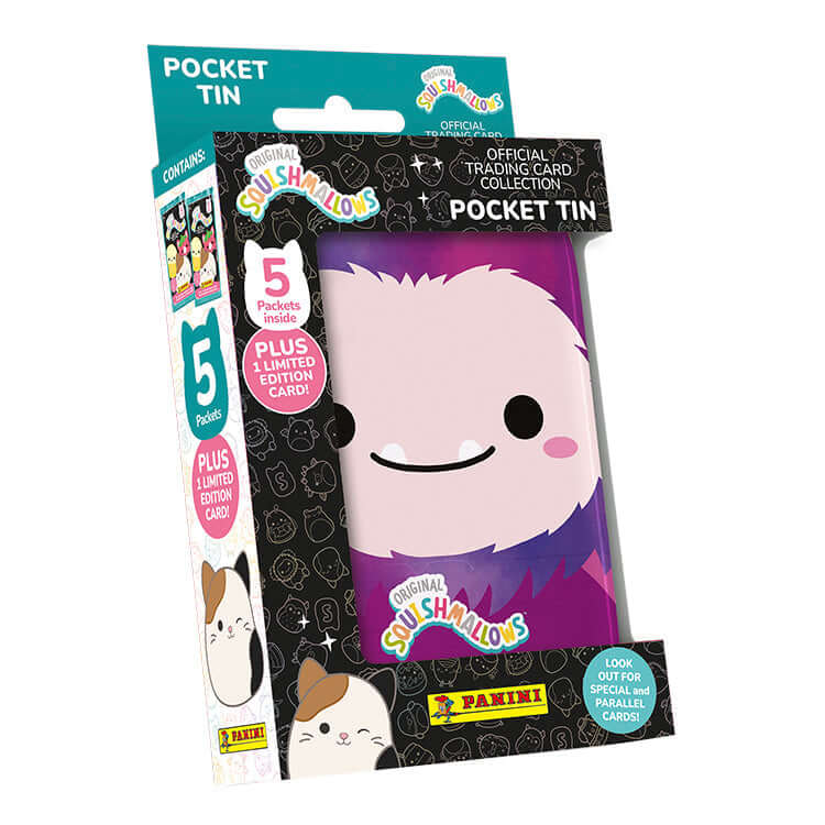 Squishmallows Trading Card Collection Pocket Tin with 5 trading card packets and a limited edition card.