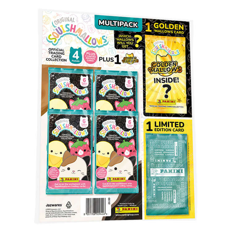 Squishmallows Trading Card Collection multipack featuring 4 packs, 1 golden card, and 1 limited edition card.