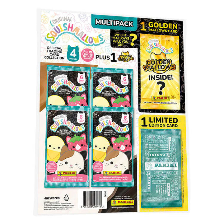 Squishmallows Trading Card Collection multipack featuring 4 packs, 1 golden card, and 1 limited edition card.