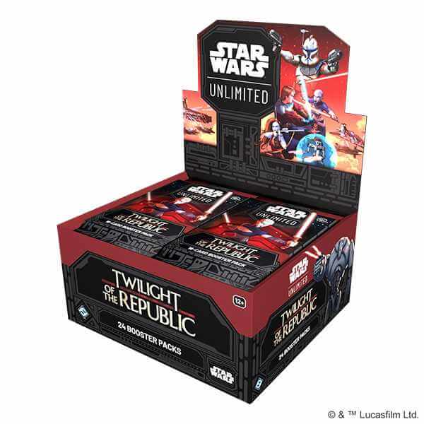 Star Wars Unlimited Twilight of the Republic Booster display featuring 24 booster packs for trading card game.