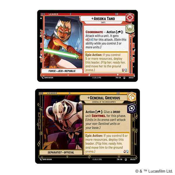 Star Wars Unlimited Twilight of the Republic Two Player cards featuring Ahsoka Tano and General Grievous.