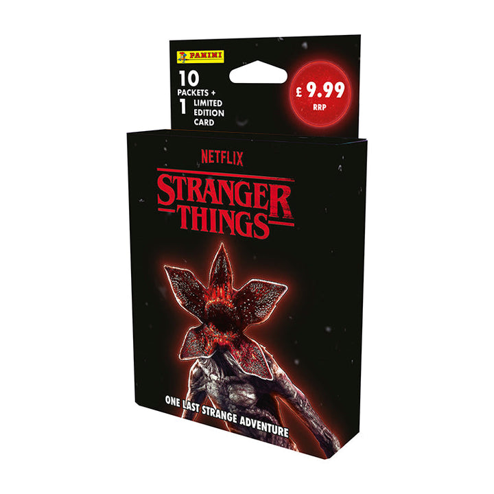 Stranger Things One Last Strange Adventure Sticker Collection packaging featuring 10 packets and a limited edition card.