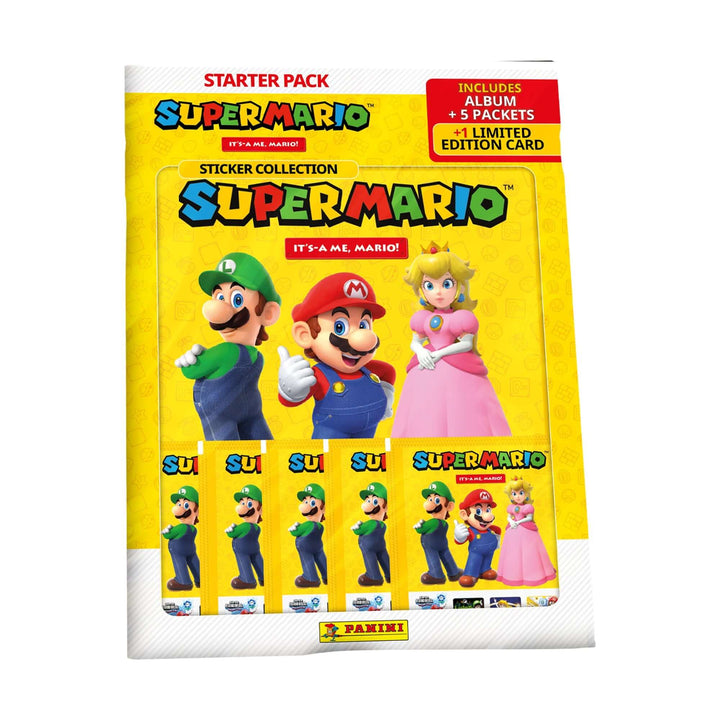 Super Mario It's a Me Mario Sticker Collection starter pack with album, packets, and limited edition card.