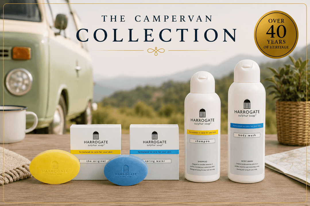 The Campervan Collection featuring campervan bathroom essentials with soap, shampoo, and body wash.