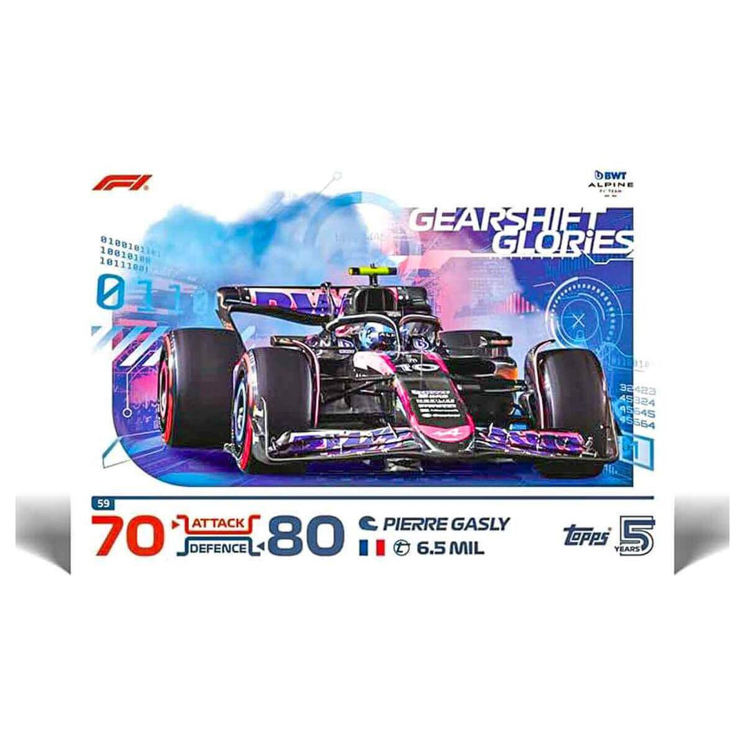 Turbo Attax Official Formula 1 Trading Card Game 2024 Gearshift Glories card featuring Pierre Gasly.