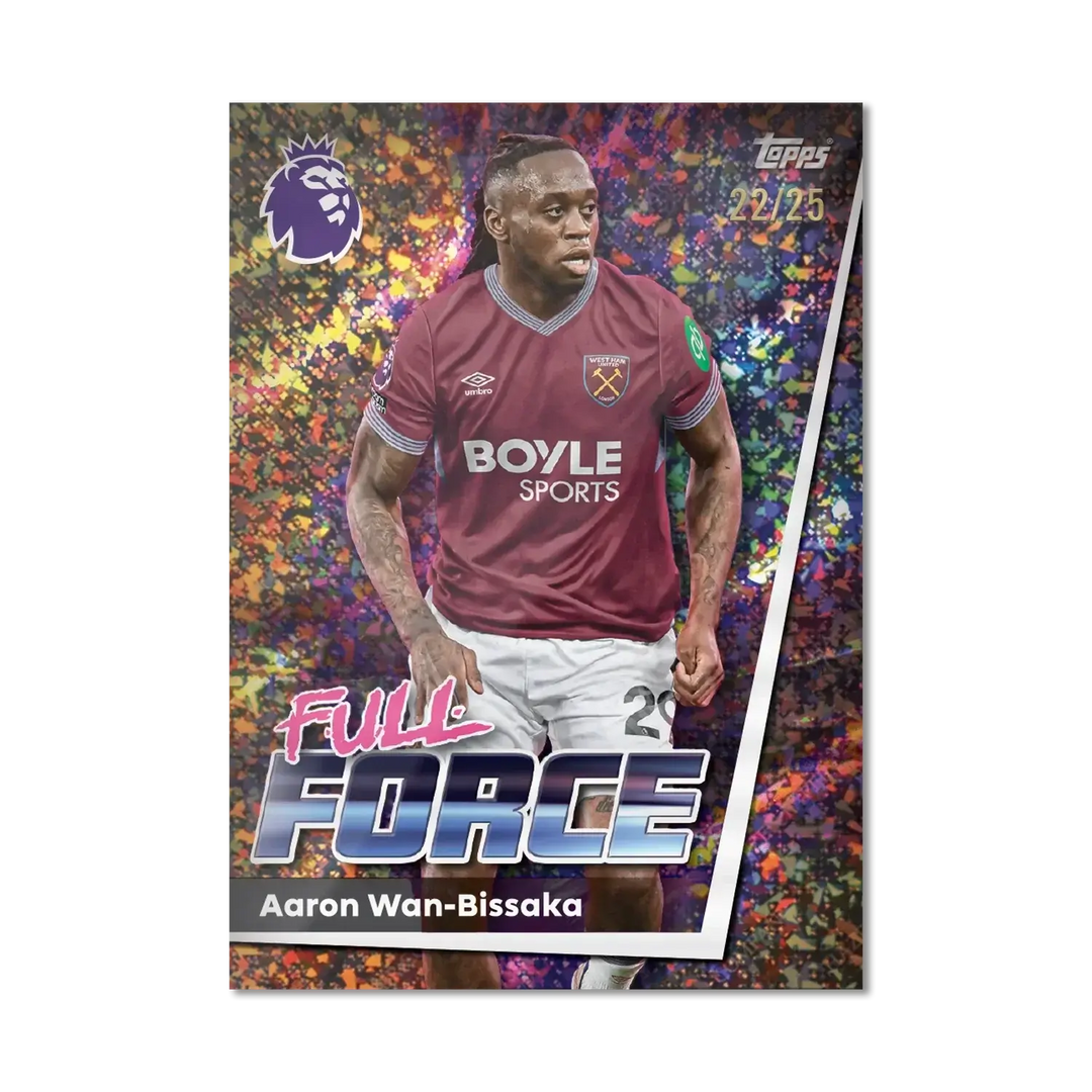 Premier League 2026 Mega Multipack card featuring Aaron Wan-Bissaka in Full Force design by Topps.