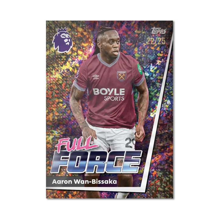 Premier League 2026 Mega Multipack card featuring Aaron Wan-Bissaka in Full Force design by Topps.