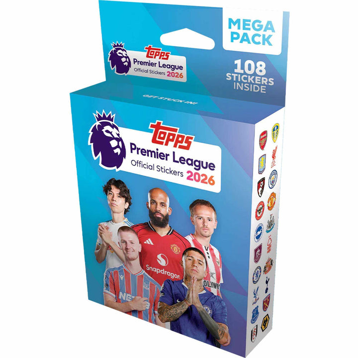 Topps Premier League 2026 Stickers Mega Pack with 108 stickers for collectors.
