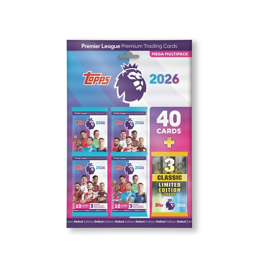 Premier League 2026 Mega Multipack featuring 40 cards and 3 Classic Limited Edition cards.