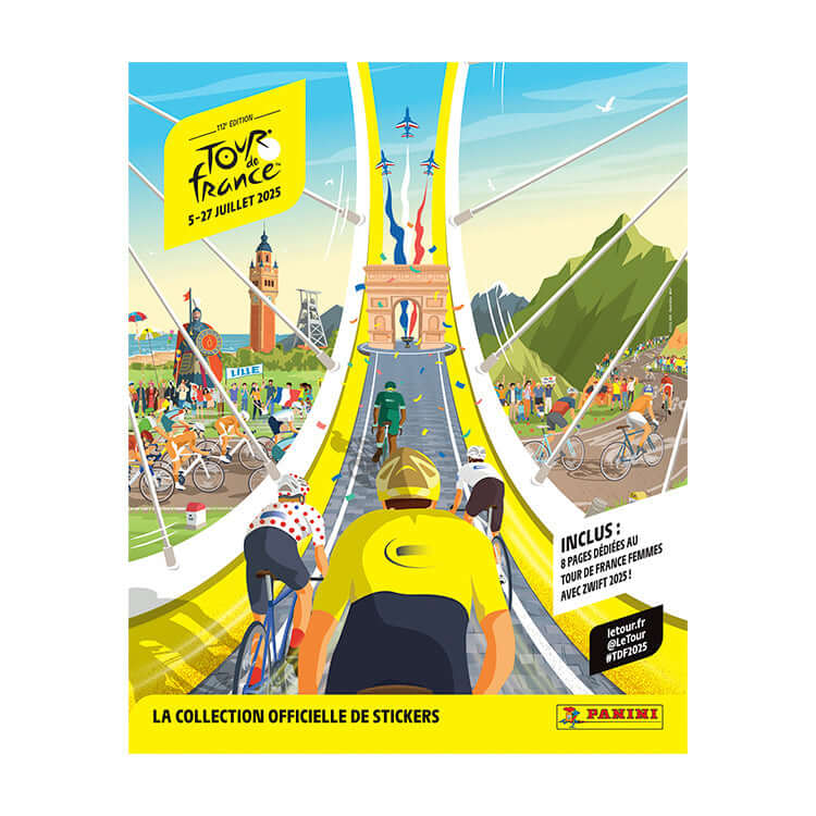Official sticker collection for the Tour De France Sticker 2025 featuring cyclists and the iconic Arc de Triomphe.