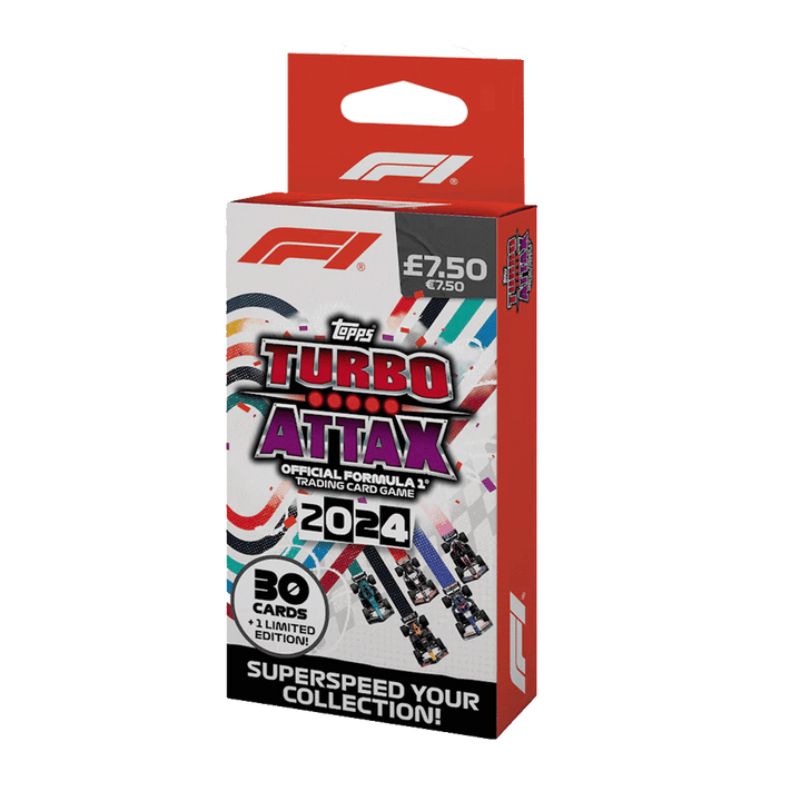 Turbo Attax Official Formula 1 Trading Card Game 2024 pack featuring 30 cards and 1 limited edition card.