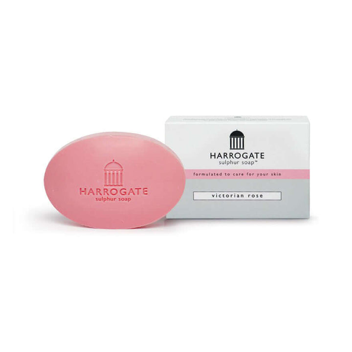 Harrogate sulphur soap collection Victorian Rose soap with packaging, handcrafted for skin care.