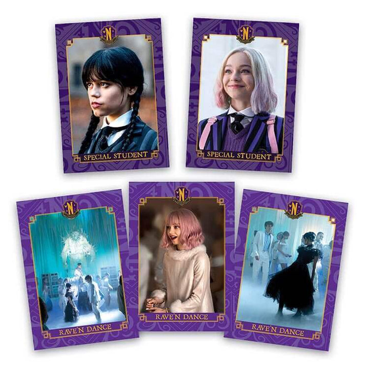 Wednesday Nevermore Academy Welcome Kit collectible cards featuring Wednesday Addams and other characters.