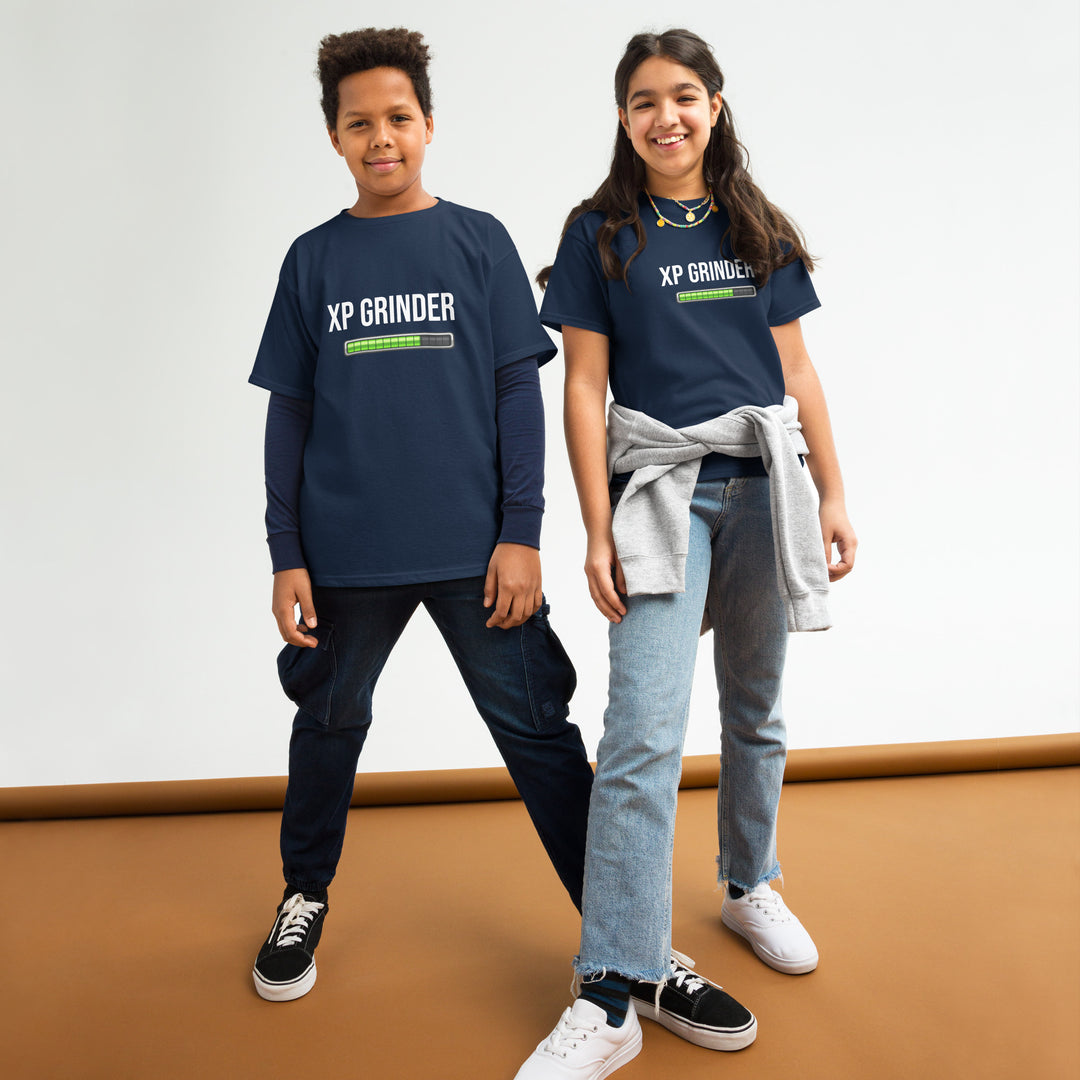 Two children wearing the XP Grinder Youth classic tee, showcasing the stylish design and comfortable fit.
