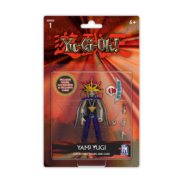 Yu-Gi-Oh! 5-inch Yami Yugi action figure with accessories and collectible card in packaging.