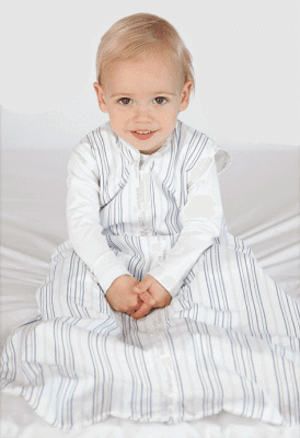 Joey Swag Baby Sleeping Bag worn by a smiling toddler, showcasing the lightweight and safe design.