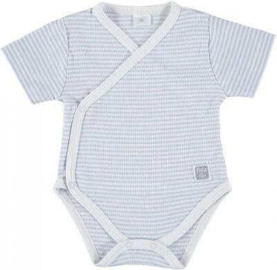 Short Sleeve Kimono Baby Bodysuit in soft Pima cotton with blue stripes and wrap design for newborns.