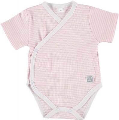 Short Sleeve Kimono Baby Bodysuit in soft pink and white, made from comfortable Pima cotton for newborns.
