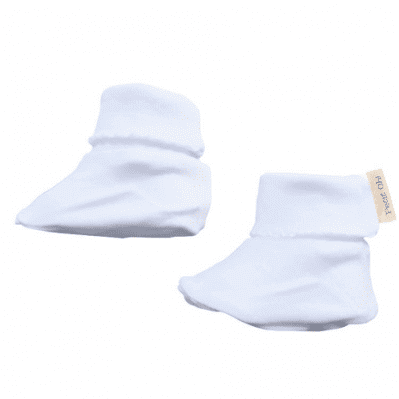 Newborn Pima Cotton Booties in white, ideal for keeping baby's feet warm with a ribbed ankle to prevent slipping off.