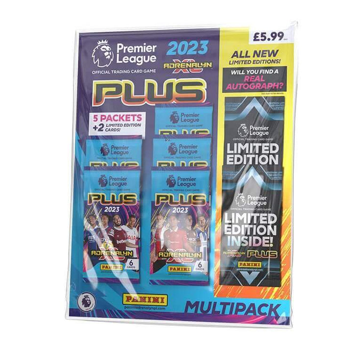 Premier League 2022-23 Adrenalyn XL PLUS multipack featuring trading card packets and special limited editions.