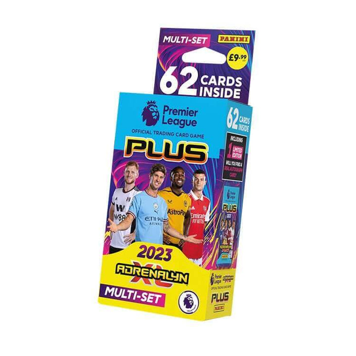 Premier League 2022-23 Adrenalyn XL PLUS multi-set packaging featuring players and card details.