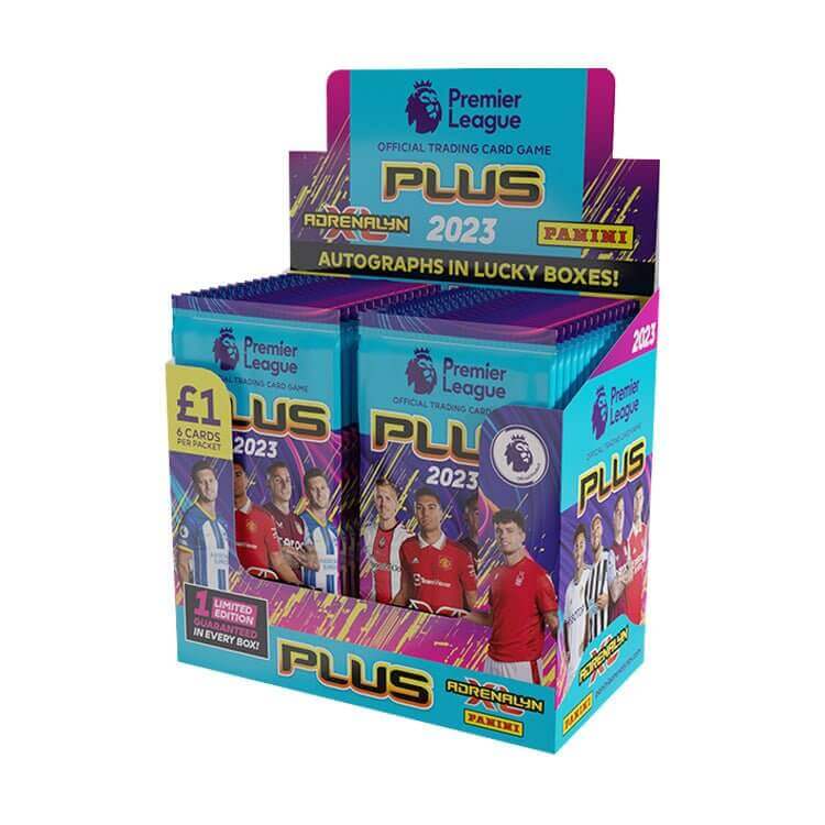 Premier League 2022-23 Adrenalyn XL PLUS trading card display box featuring autographs and limited edition cards.