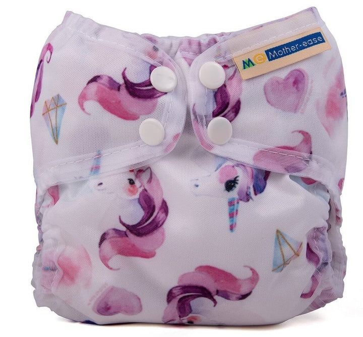 Wizard Uno Stay Dry Cloth Nappy - Newborn featuring a colorful unicorn pattern and snap buttons for easy use.