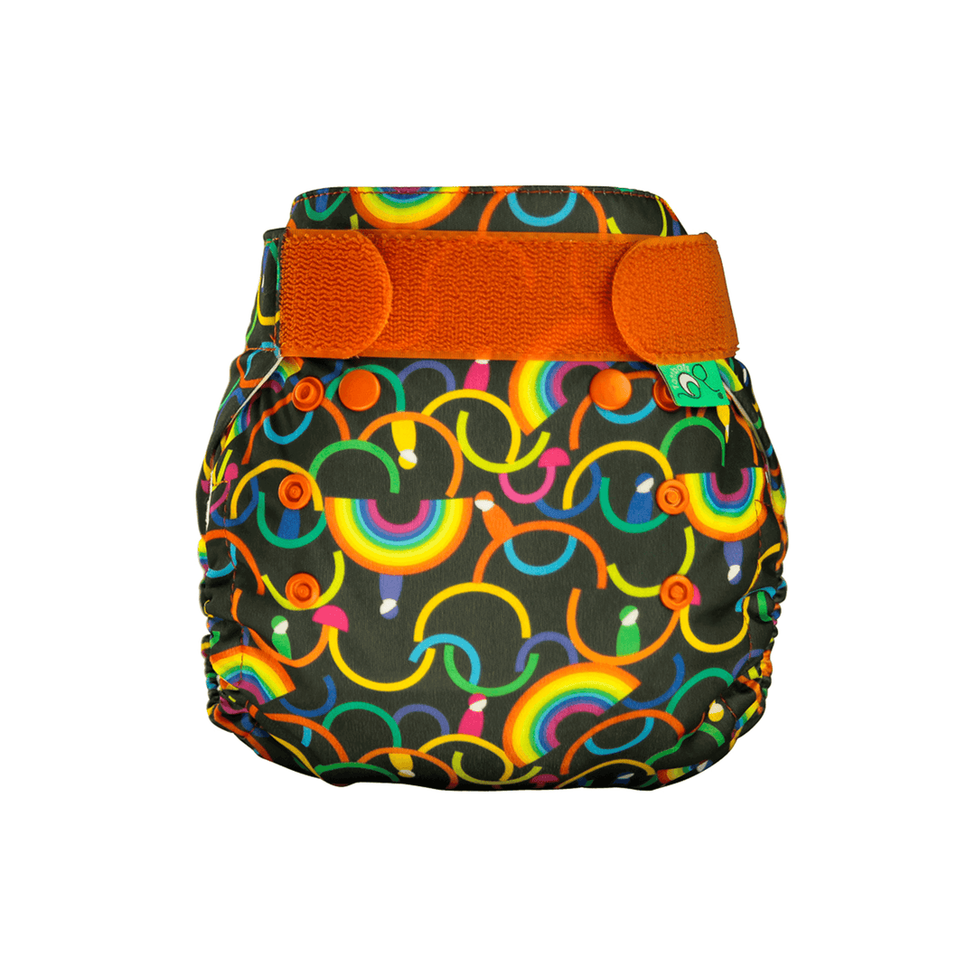 Bamboozle Waterproof Nappy Wrap with colorful rainbow design and orange velcro straps