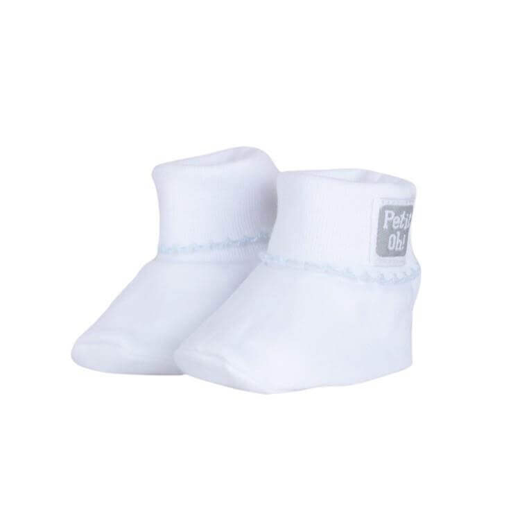Newborn Pima Cotton Booties in white, soft and breathable, designed to keep baby's feet warm and prevent slipping.
