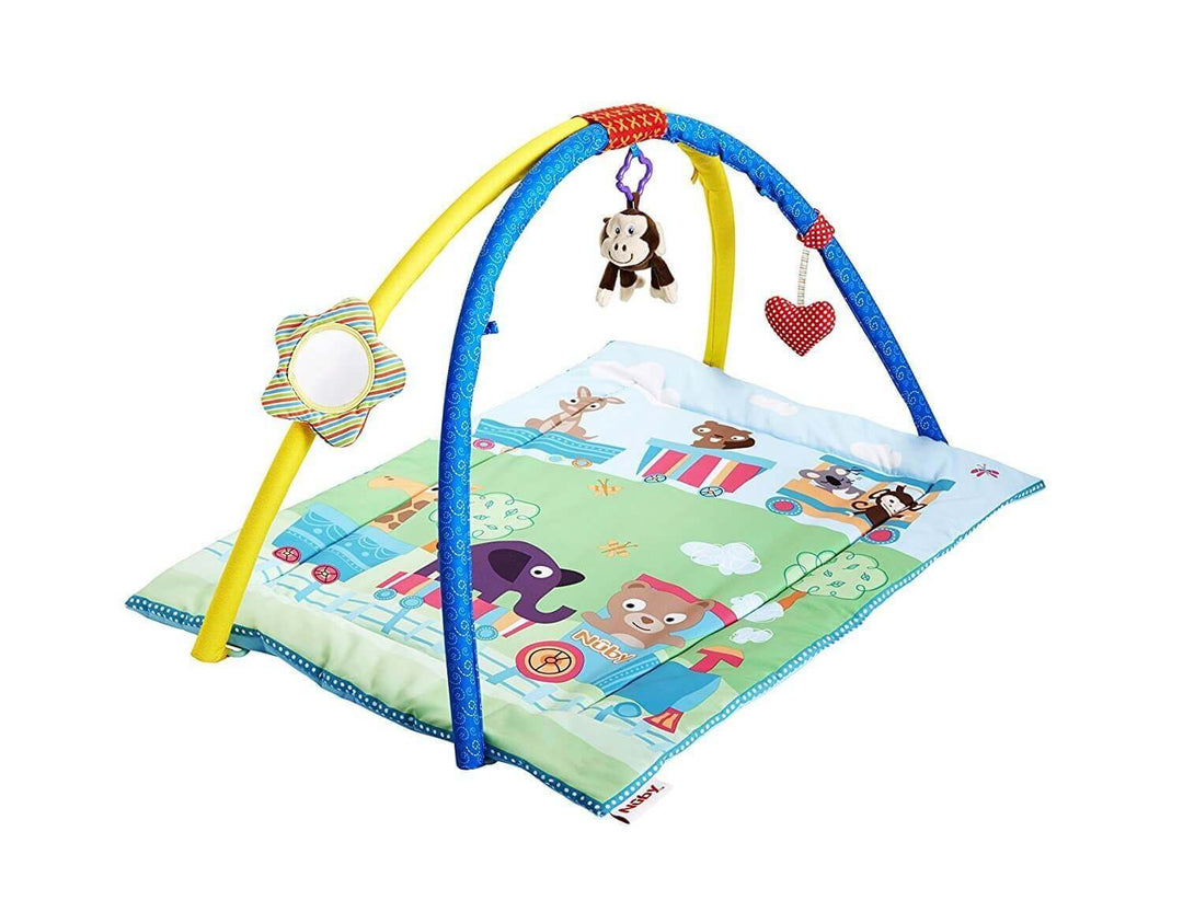 Nuby Baby Play Gym Activity Mat featuring colorful animals and detachable toys for baby stimulation.