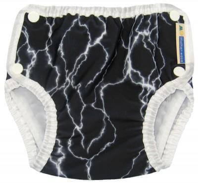 Mother-ease Reusable Swim Nappy for Babies with lightning print, featuring soft elasticated waist and legs.