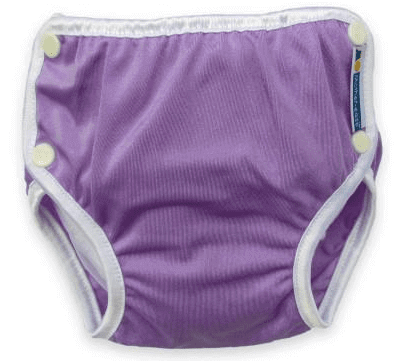 Mother-ease Reusable Swim Nappy for Babies in purple, featuring elasticated waist and legs for comfort.