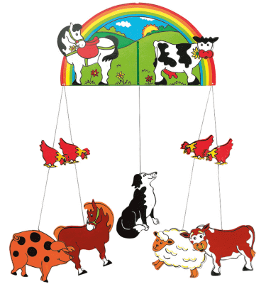 Wooden Farm Animal Nursery Mobile with colourful hanging figures including pig, horse, sheep, cow, dog, and hens.