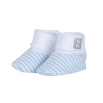 Newborn Pima Cotton Booties in blue stripes for baby feet, soft and breathable with ribbed ankle to prevent slipping