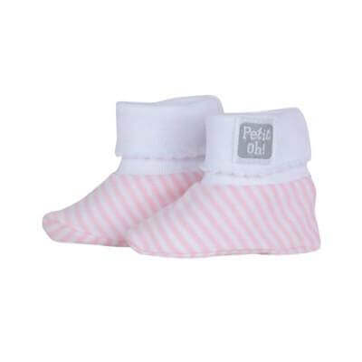 Newborn Pima Cotton Booties in pink stripes, soft and breathable with ribbed ankle to keep baby feet warm and secure.