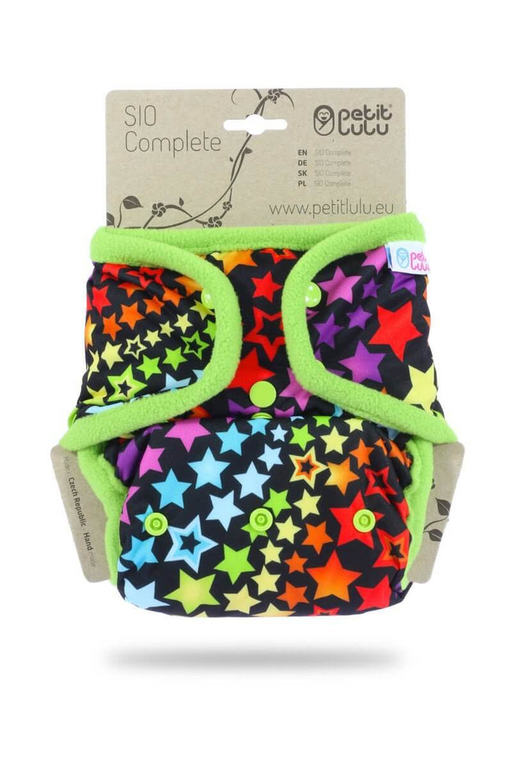 Snap In One Complete Nappy - One Size with colorful star design, adjustable cover and soft fleece hems.