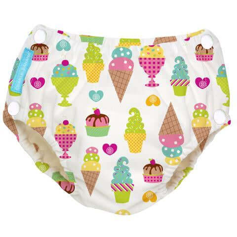 Reusable Easy Snap - Swim Nappy featuring colorful ice cream cone patterns on a soft fabric.