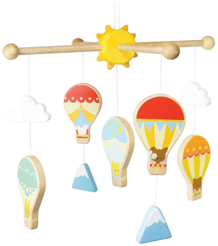 Petilou Wooden Hot Air Balloon Baby Mobile with Clouds and Mountains hanging decor for nursery.