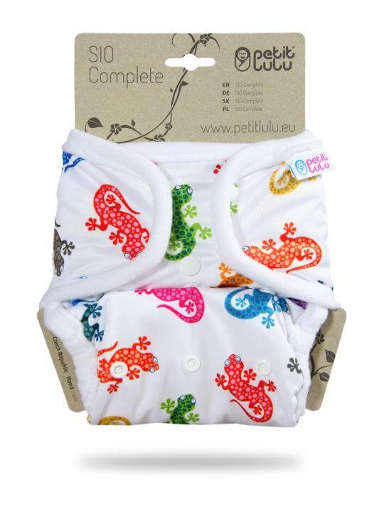 Snap In One Complete Nappy - One Size featuring colorful gecko designs on a white background.